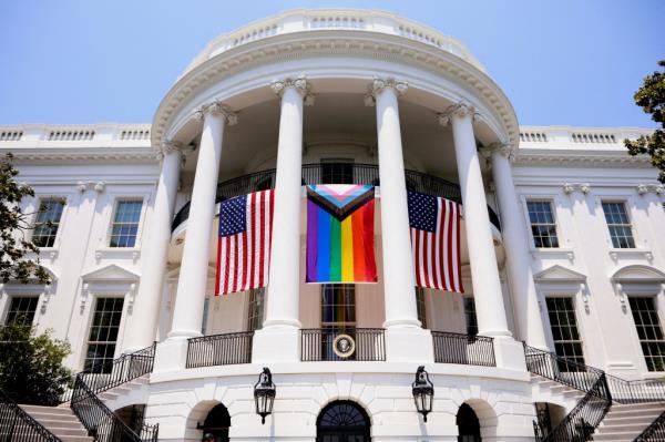 The Progress Pride flag hangs from the balcony of the White House during a Pride Celebration in the South Lawn, hosted by President Joe Biden, in Washington, U.S., June 10, 2023.