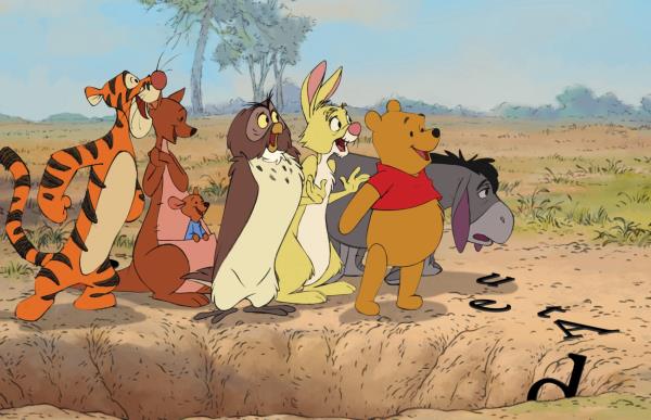 Winnie the Pooh film f<em></em>rame featuring cartoon characters Tigger, Kanga, Roo, Owl, Rabbit, Winnie the Pooh, and Eeyore.