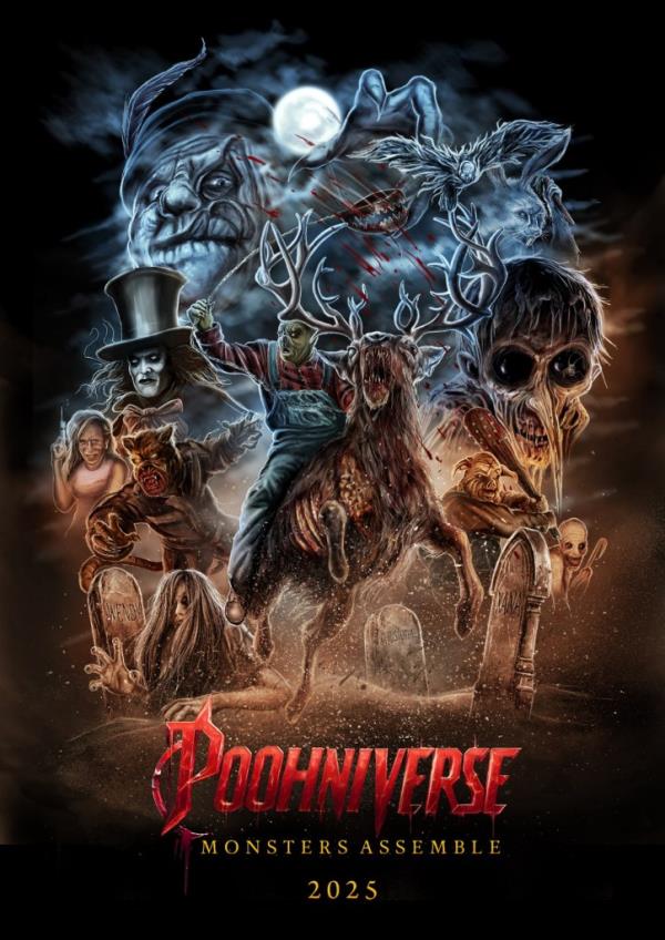 Teaser poster for the 2025 horror film 'Poohniverse: Mo<em></em>nsters Assemble', featuring a dark version of children's character Winnie the Pooh