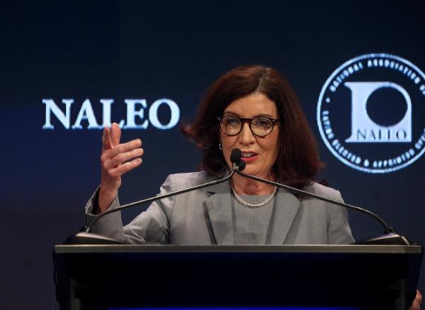 Gov. Kathy Hochul speaks at a podium
