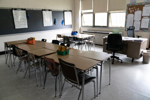Classroom with empty desks and seats