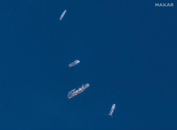 Multiple search and rescue ships in the ocean close to the location above the wreck of the Titanic, on Thursday, June 22, 2023.</p>
<p>