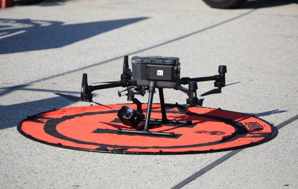A drone on display at Rockaway Beach during the Wednesday morning press conference.