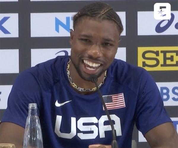 Noah Lyles called out NBA players during a press co<em></em>nference at the World Athletics Champio<em></em>nships in Budapest in August 2023. 