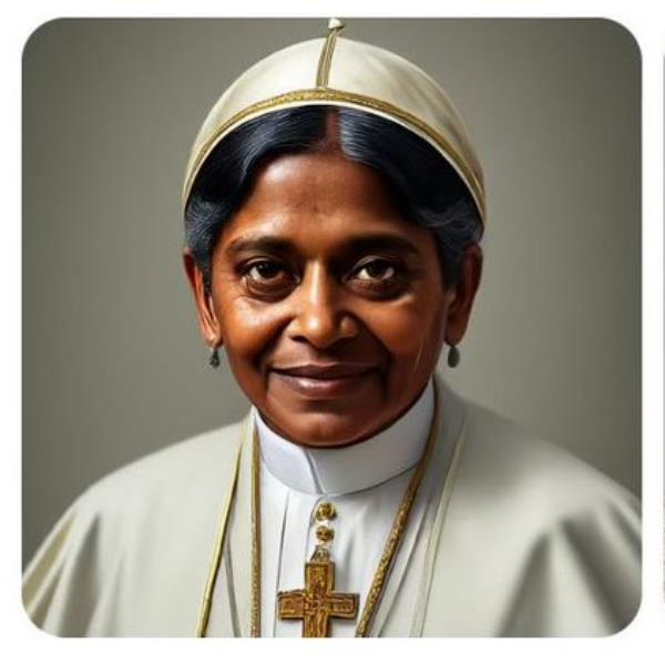 An image of a woman dressed like a pope, which was generated by AI.
