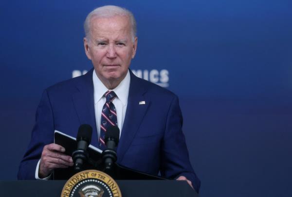 President Biden listens to a question from a reporter after speaking at an event a<em></em>bout the economy, at the White House in Washington, DC on Oct. 23, 2023. 
