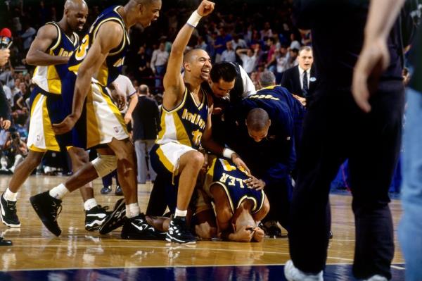 The Indiana Pacers celebrate after beating the New York Knicks in Game 7 of the 1995 Eastern Co<em></em>nference Semifinals played on May 21, 1995.