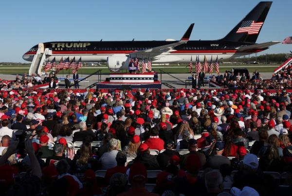 Do<em></em>nald Trump speaks during a campaign event in Freeland, Michigan, U.S. May 1, 2024.