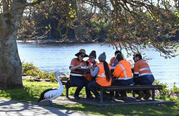 PORT STEPHENS, AUSTRALIA - JUNE 25: A pelican sits watching some local workers havin<em></em>g lunch on a picnic table in the suburb of Tea Gardens on June 25, 2020 in Port Stephens, Australia. Domestic tourism has started to resume following the easing of travel restrictions imposed due to the COVID-19 outbreak. All intrastate travel restrictions were lifted in NSW on June 1, allowing people to travel to regio<em></em>nal areas within the state. (Photo by James D. Morgan/Getty Images)