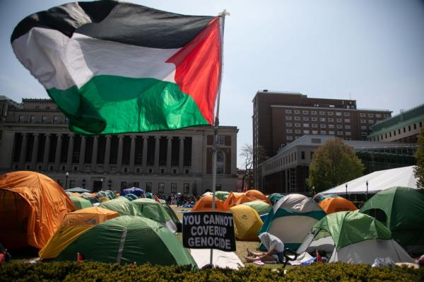 Anti-Israel demo<em></em>nstrators protest inside the Gaza Solidarity Encampment at Columbia University.