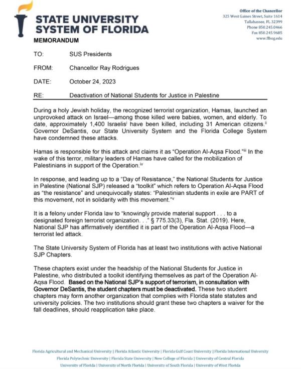 Chancellor Ray Rodrigues' memo announcing the ban on Students for Justice in Palestine