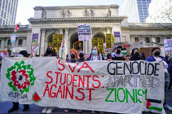 protesters outside library