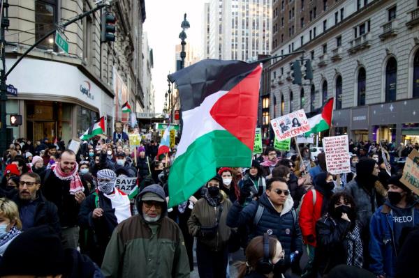 protesters with Palestinina flag