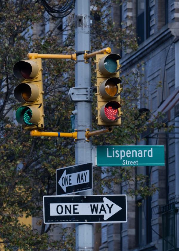 Another image of the bizarre inverted traffic light at 6th and Lispenard.