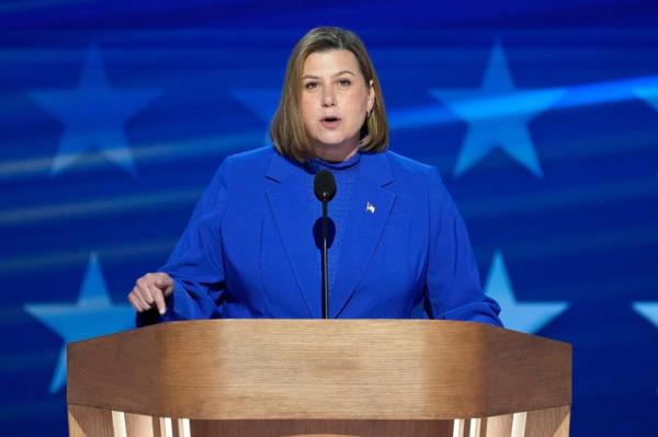 Rep. Elissa Slotkin (Mich.) speaks during the final day of the Democratic Natio<em></em>nal Co<em></em>nvention at the United Center.