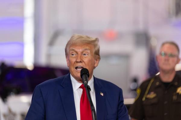 Former president Do<em></em>nald Trump addresses invited guests and media during a press co<em></em>nference on Tuesday, Aug. 20, at the Livingston County Sheriff's Office in Howell.</p>
<p>