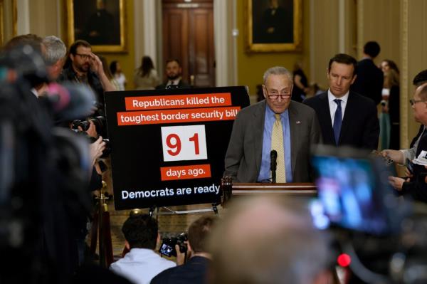 Senate Majority Leader Chuck Schumer (D-NY) speaks during a news co<em></em>nference following a Senate Democrat party policy luncheon at the U.S. Capitol Building on May 08, 2024 in Washington, DC.