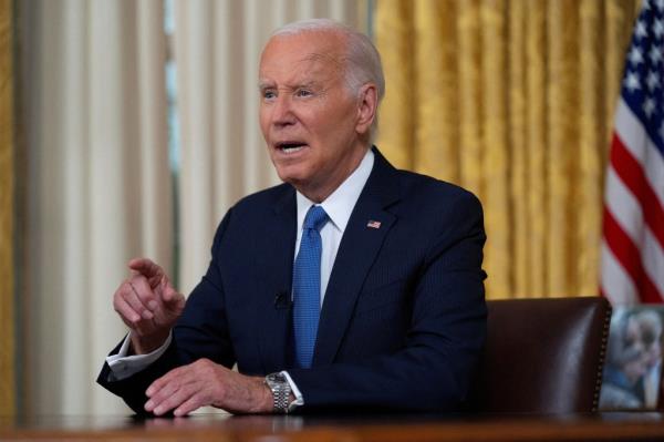 U.S. President Joe Biden addressing the nation from the Oval Office, announcing his decision to withdraw from the Democratic presidential reelection race, 2024