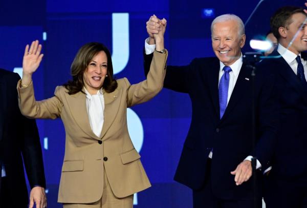 Vice President Kamala Harris and President Joe Biden on stage on the first night of the 2024 DNC on Aug. 19, 2024.