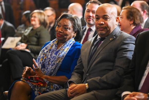 A photo from February 2023 of</p>

<p>　　Senate Majority Leader, Andrea Stewart-Cousins, D-Yonkers, left, and Assembly Speaker Carl Heastie, D-Bronx, listening to New York Gov. Kathy Hochul present her executive state budget in the Red Room at the state Capitol  in Albany.