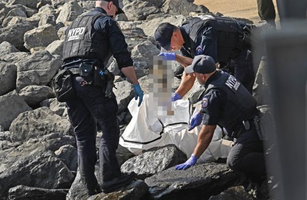 8/19/24  Several human remains were found underneath the rocks inside Empire Fulton Ferry State Park.  It is not known wher<em></em>e the body parts came from.  Here, NYPD officers pull bo<em></em>nes out from under the rocks. (pictured) Near Dock Street and Water Street, Brooklyn, NY.  