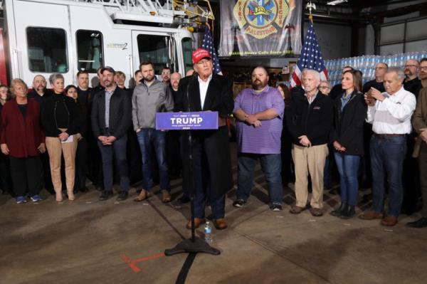 Do<em></em>nald Trump speaks at the East Palestine Fire Department in East Palestine, Ohio, on February 22, 2023.