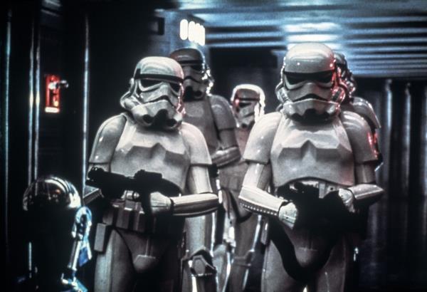 Mark Hamill's Luke Skywalker and Harrison Ford's Han Solo posing as Stormtroopers in 