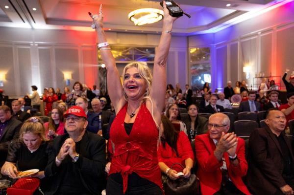 Supporters of Republican presidential nominee and former U.S. President Do<em></em>nald Trump react as they watch early election results at a 2024 U.S. Presidential Election Night Watch Party, in Atlanta, Georgia, U.S., November 5, 2024.