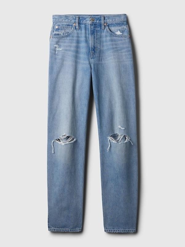 A pair of high rise barrel jeans in light indigo color from Gap, priced at $79.95