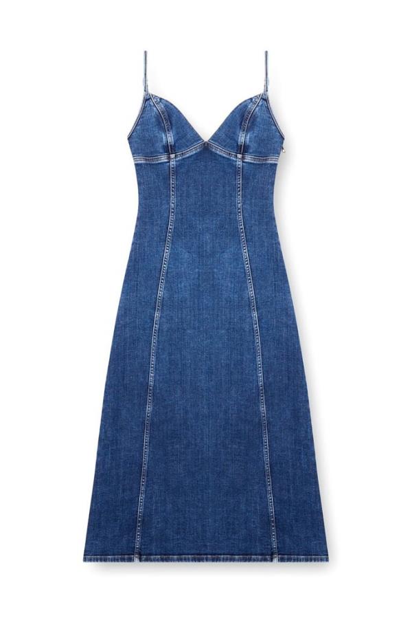 A blue denim dress displayed on a white background