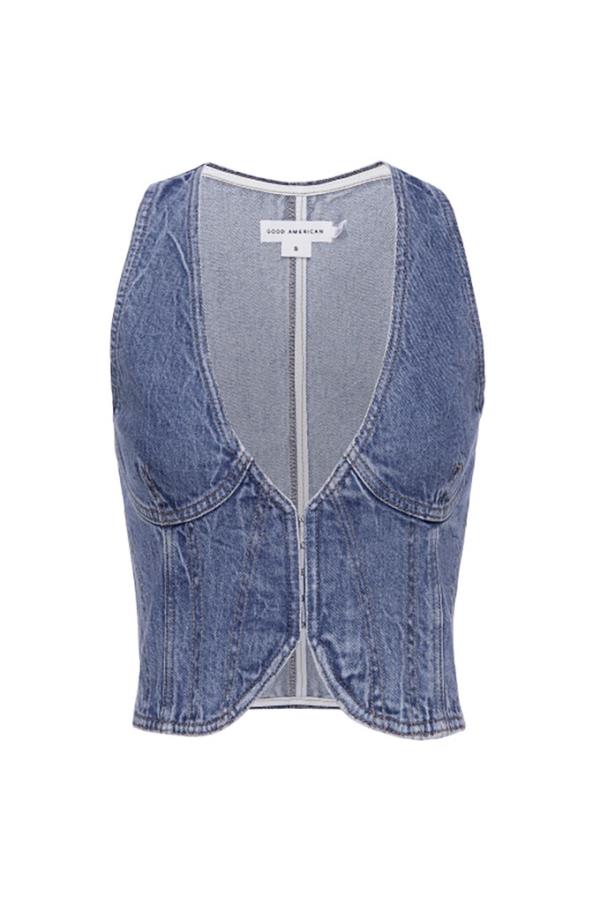 Blue denim vest by Good American with white trim