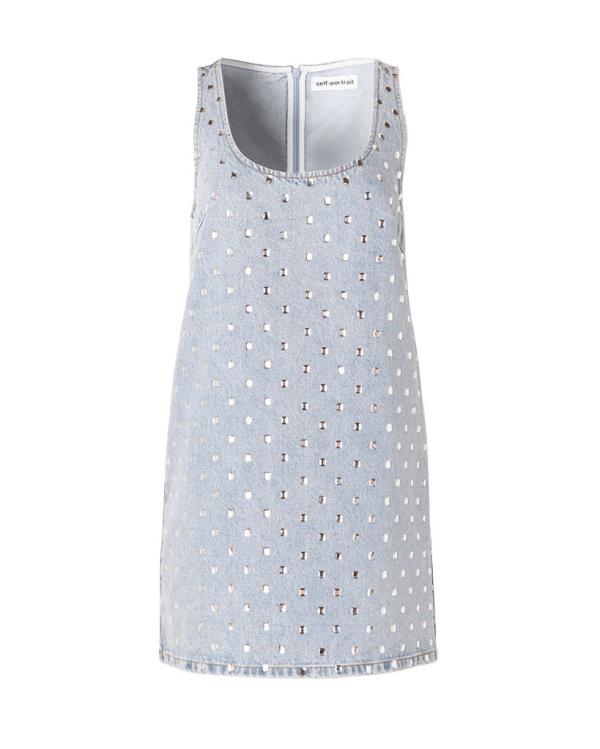 Blue dress with silver dots, known as the Square Rhinestone Denim Mini Dress