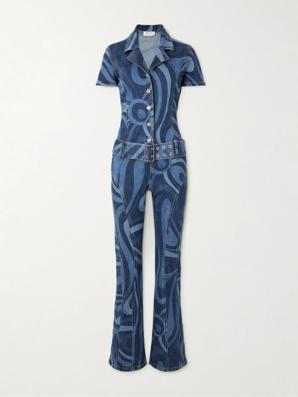 A blue belted printed denim jumpsuit from Pucci
