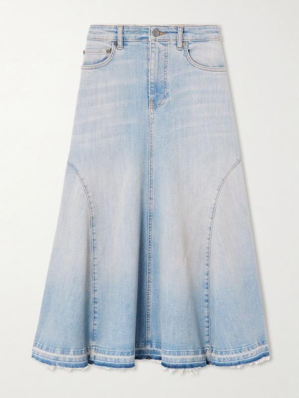 A blue denim midi skirt with frayed panel design by Ganni