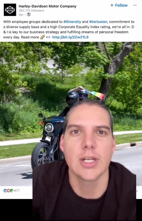 Robby Starbuck's face in front of a photo of people riding a motorcycle and waving a rainbow flag