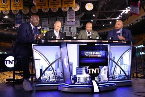 Shaquille O'Neal, Charles Barkley, Kenny Smith, and Ernie Johnson are seen before the game between the Boston Celtics and the Cleveland Cavaliers in Game 2 of the Eastern Co<em></em>nference Finals during the 2017 NBA Playoffs on May 19, 2017 at the TD Garden in Boston, Massachusetts.
