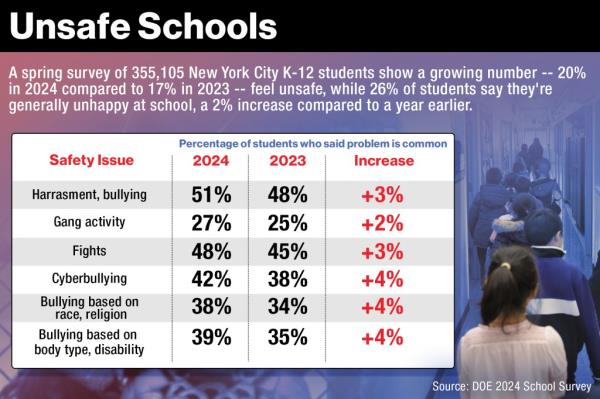 Graphic shows students' answers to the 2024 DOE survey compared to their answers in 2023