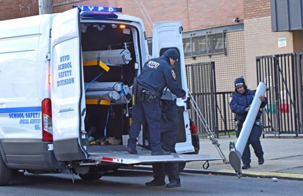 A number of NYPD school safety officers working at Edward R. Murrow High School in December. 