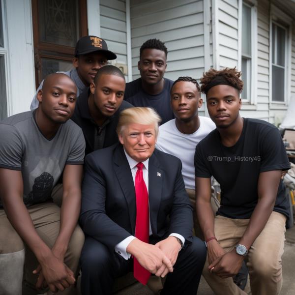 A fake AI image shows Trump posing with a group of young black men.