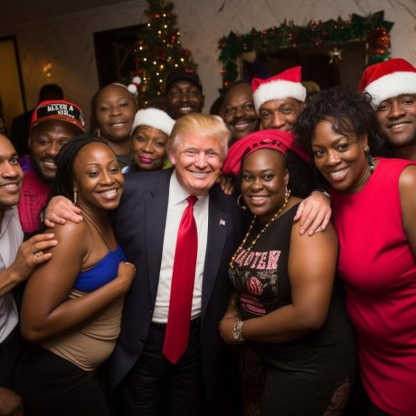 This AI-generated photo shows trump with a group of black voters at a Christmas party and was shared by a popular co<em></em>nservative radio host in Florida. 