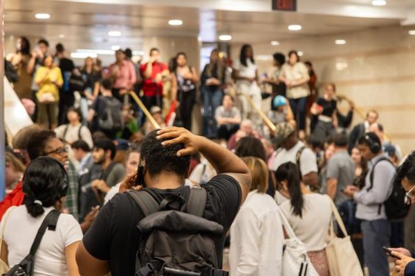 Stranded NJ Transit passengers, as trains are delayed or cancelled at Penn Station on June 20, 2024 in New York City. P