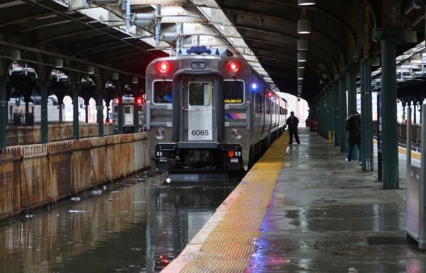 Water from the Hudson River floods the train tracks at the Hoboken Transit Terminal on January 13, 2024, in Hoboken, New Jersey