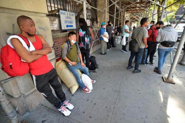 Seventeen migrants, mostly form Venezula and Honduras, who have been housed at the Bellevue Homeless Shelter, in NYC,