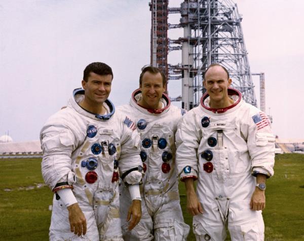 Three of the crew members of Apollo 13 (left to right), Fred Haise, Jim Lovell, and Ken Mattingly.