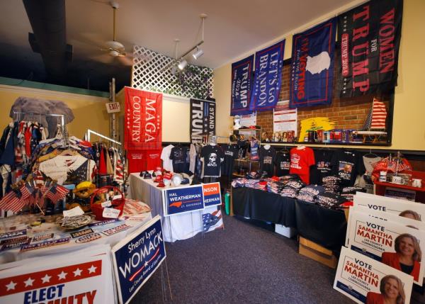 Merchandise supporting former U.S. President Do<em></em>nald Trump amidst state and local election materials at Republican Party headquarters in Sanford, North Carolina, U.S. in 2024