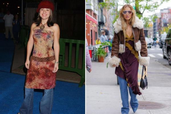 Kelly Clarkson and Rita Ora in the dress-over-jeans trend.