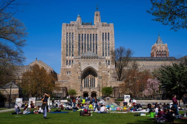 Pro-Palestinian demo<em></em>nstrators are seen above on Yale's campus in New Haven, Conn. in April.