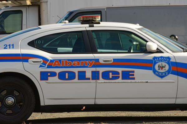 A police patrol car is seen in a parking lot at Albany police headquarters on Henry Johnson Blvd