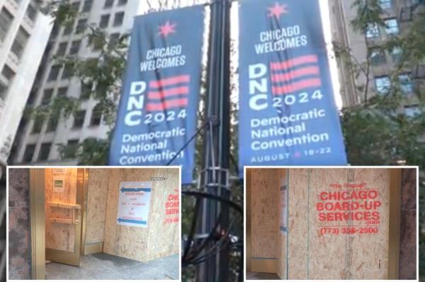 芝加哥市中心的企业在民主党全国委员会抗议活动前竖起了木板
