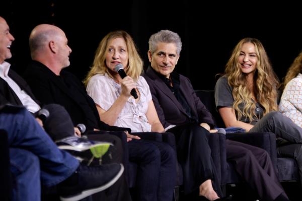 Terence Winter, Matthew Weiner, Edie Falco, Michael Imperioli, and Drea de Matteo attend The Sopranos 25th Anniversary Reunio<em></em>n: WISE GUY David Chase and The Sopranos during the 2024 Tribeca Festival.